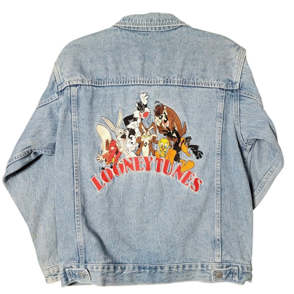VTG 90s Warner Bros Studio Store Looney Tunes Embroidered Kids Denim Jacket XL